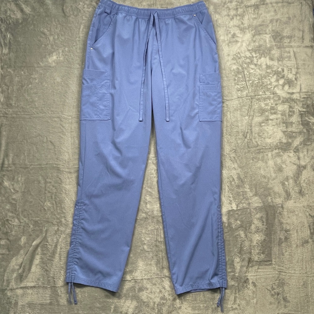 Easy Stretch Scrub Pants Women Blue Cargo Adjustable‎ Cinch Hem Drawstring L